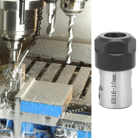 ER16 Collet Block Chuck Holder For CNC Milling Machines next to a milling setup, showcasing heavy duty 10mm tool bar, 35L length.