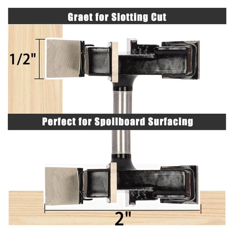 Boss Spoilboard Surfacing Slab Flattening Router Bit With Four Flutes, One Quarter Inch Shank, Two Inch Cutting Diameter, One Half Inch Cutting Depth, Includes Free Collet, Perfect For Woodworking Projects shown with dimensions for spoilboard surfacing
