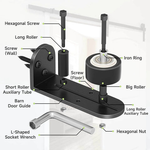 2 Pack Sliding Barn Door Floor Guide Set With Quiet Bearing And Adjustable Rubber Rollers, Rustproof Aluminum Floor Track diagram showing labeled parts
