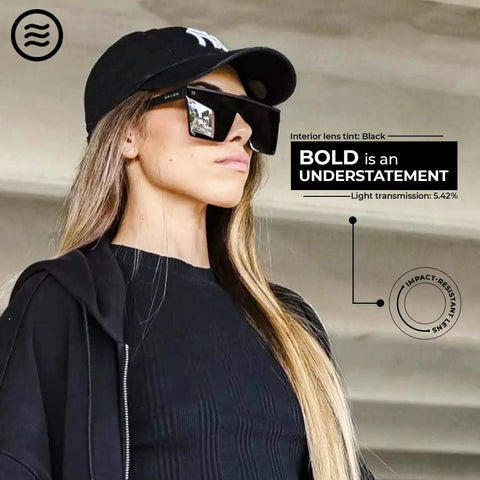 Side view of woman wearing Polarized Work Sunglasses With Dope Side Shield Frames And Black Matte Finish, UV Protection outdoors.