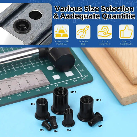 320 Piece Metric Rivet Nuts Kit M3 Through M12 With Flat Head Rivnut Inserts Black Zinc Plated Carbon Steel Assorted Sizes
