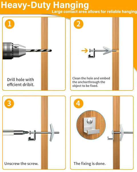 Installation steps for Heavy Duty Three Sixteenth Inch Drywall Anchors And Toggle Bolts Kit in hollow walls.