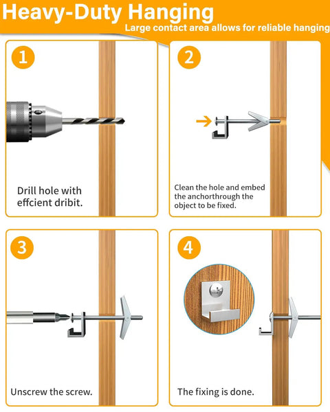Installation steps for Heavy Duty Toggle Bolts For Drywall Hollow Wall Anchors Kit 30Pcs Set, showcasing drilling and anchoring.