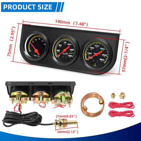 Automotive 3-gauge set (52mm) on black panel with oil pressure 0–150 PSI, water temp 100–280°F, voltmeter.