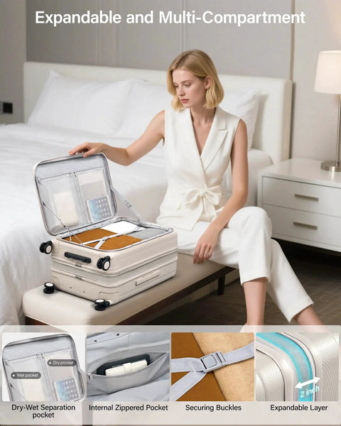 Woman sitting next to Top Opening 24 Inch Expandable Hard Shell Luggage With Wheels Lightweight Travel Checked Bag Ivory White