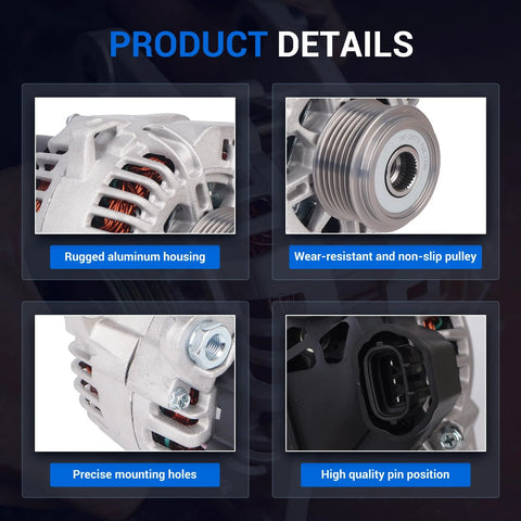 Product details showing alternator replacement for Hyundai Sonata 2006 2010 and Kia Optima with aluminum housing and 6-groove pulley
