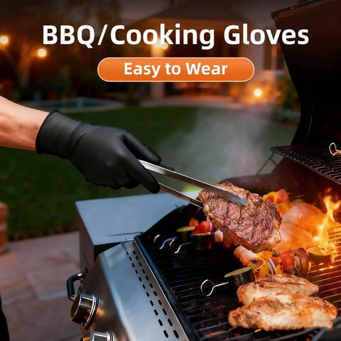 Person wearing Heavy Duty Nitrile Gloves 10 Mil Diamond Textured Cooking Disposable Latex Free, using tongs to grill meat.