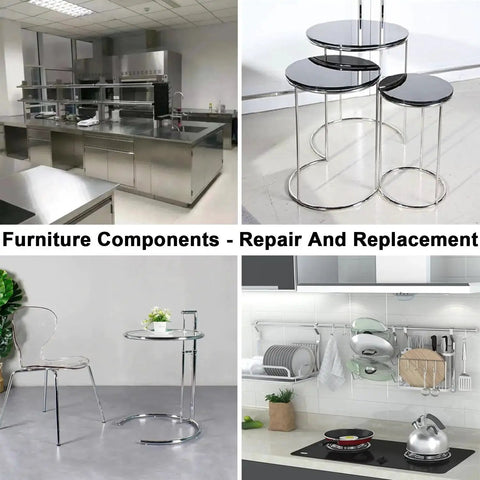 Collage of repair and replacement furniture components, including tables and kitchen setups.