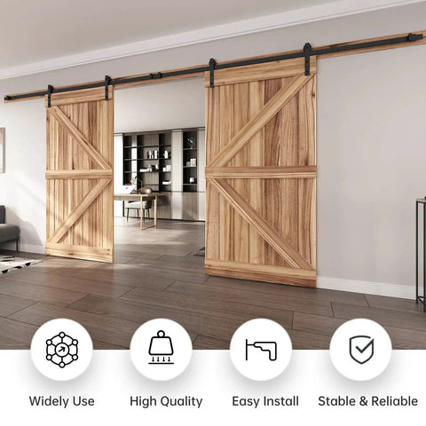 16 Ft Double Sliding Barn Door Hardware Track Kit With Straight Pulleys Heavy Duty Steel Black Powder Coated Finish