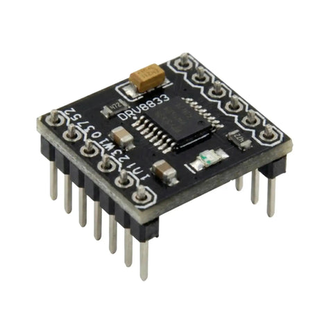 Close-up of Two Channel Motor Driver Module for Arduino Raspberry Pi and ESP32 ESP8266 with presoldered pins 1.5A per channel.