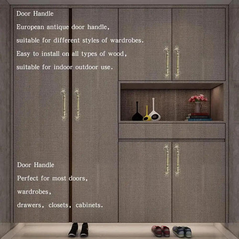 Wooden cabinet with European antique door handles installed, suitable for wardrobes and cabinets, visible in a rustic setting.