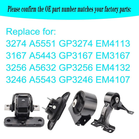 Engine Mount And Transmission Mount Kit For 2011-2019 Dodge Journey 3.6L FWD And 2011-2014 Avenger 3.6L Chrysler 200 3.6L Direct Fit Replacement With OE Numbers 3274 3167 3256 3246 A5551 A5443 A5632 A5543, includes four black mounts, front view.