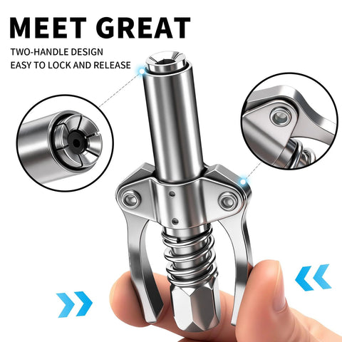 Grease gun coupler with dual-handle lock-on head, 1/8 NPT, chrome, high-pressure; fits standard and metric zerk fittings.