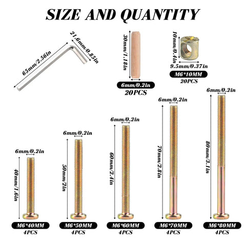 Heavy Duty M6 40mm 50mm 60mm 70mm 80mm Crib Screws Assortment Twenty Piece For Wooden Double Beds Hardware Replacement Kit