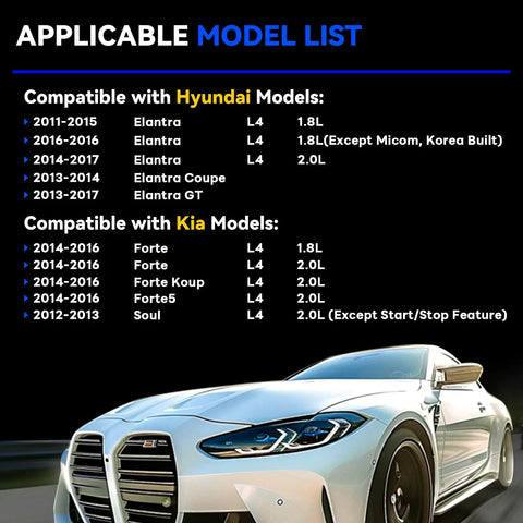 List of compatible Hyundai and Kia models with a front view of a car visible, background image.