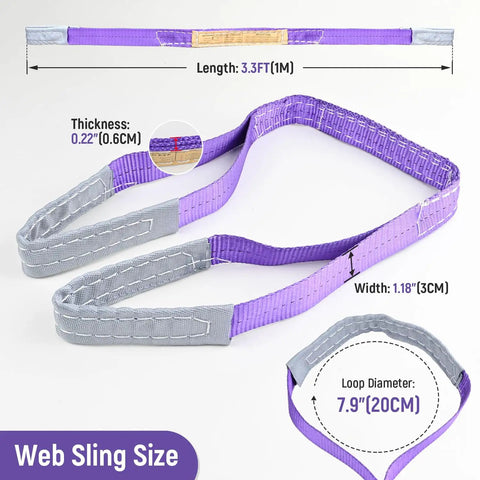 Two purple polyester eye-to-eye lifting slings with gray padded ends, 1 in x 3.3 ft, 2-pack