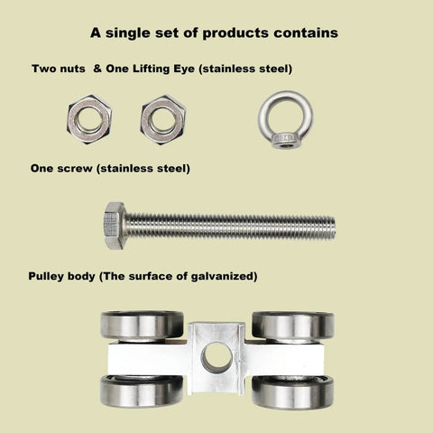 Four Wheel Trolley Assembly With Super Silent Pulley And M10 Bolt Plus Lifting Eye Nut for 1-5/8 in Strut Channels, components laid out.