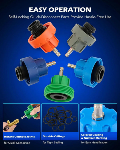 Components of All In One 31pc Coolant Pressure Tester Kit With Vacuum Pump And Refill Tool, colored connectors, and O-rings.