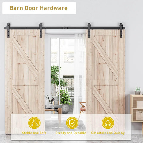 Installed 12 FT Double Sliding Barn Door Hardware Track Kit for Wood Slab Doors with J Shape Hanger, showcasing smooth and quiet rolling.