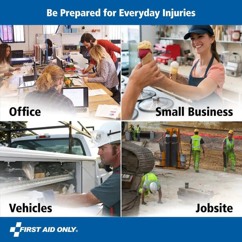 All Purpose 57 Piece Emergency First Aid Kit For 10 People in office, small business, vehicles, and jobsite settings.