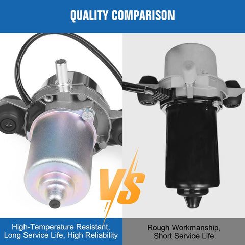Automotive brake vacuum pump assembly shown in split view; left silver unit with braided hose, right black unit