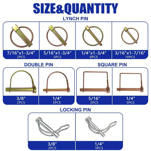 420 Piece Heavy Duty Pin Kit With Zinc Plated Carbon Steel Hitch Pins, R Clips, Hair Pins, Lynch Pins displayed by size and type
