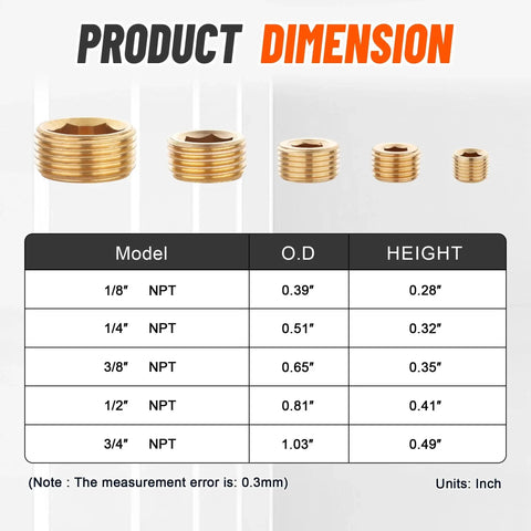 Image shows Brass Pipe Plug Fitting Kit, 35 Piece Set With 1/8 Inch Through 3/4 Inch NPT Male Internal Hex Thread Plugs and their measurements.