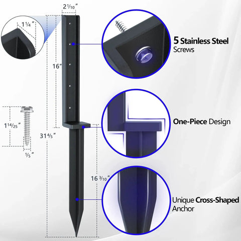 Diagram of One Piece Fence Post Repair Kit Two Pack Heavy Duty Post Anchors 32 Inch Metal Ground Stakes highlighting features