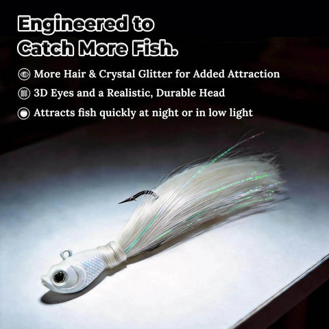 Premium Bucktail Jigs With Hair Lures, Five Pack 0.25 Ounce To 2.0 Ounce Jig Heads For Real Saltwater Action close-up view
