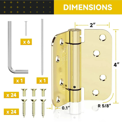 2 Pack Self Closing 4 Inch Door Hinges With Spring Loaded Action For Garage Front Back Doors Left Or Right Hand Install Adjustable Tension Five Eighth Inch Radius Corners UL Listed Heavy Duty Build In Gloden Finish, showing parts and dimensions