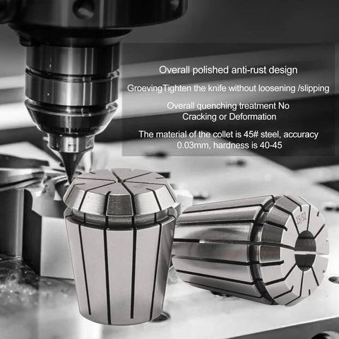 15 Piece ER11 Collet Set For CNC Milling Engraving And Lathe Tools, showing two ER11 spring steel collets in use and detailed specs.