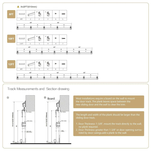 Diagram showing measurements for Eight Foot Heavy Duty Galvanized Steel Exterior Sliding Barn Door Hardware Kit For Outdoor Use, 450 lb.