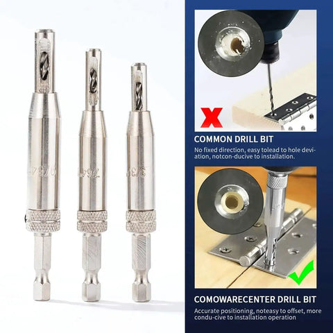 3 Piece Self Centering Hinge Tapper Core Drill Bit Set For Woodworking With No 6 No 8 No 10 Bits, One Quarter Inch Hex Shank HSS Drill Bits For Opening Holes In Hinge And Lock Applications, Quick Change Compatible, Ideal For Cabinet Doors