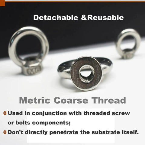 Stainless Steel M5 Lifting Eye Nuts With Three Sixteenth Inch Threads shown with ring shoulder design, detachable and reusable.