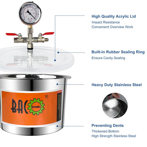 BACOENG 2-Quart vacuum chamber with stainless steel body and acrylic lid, includes pressure gauge and red valves