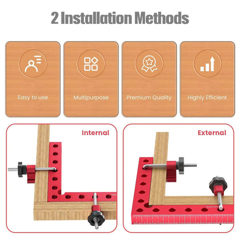 7.1 Inch 90 Degree Positioning Squares Right Angle Clamps for woodworking, showing internal and external installation methods