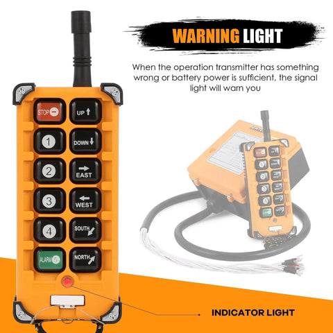 Orange 12-button wireless crane remote with antenna; Up/Down/East/West/North/South and Stop; includes receiver.