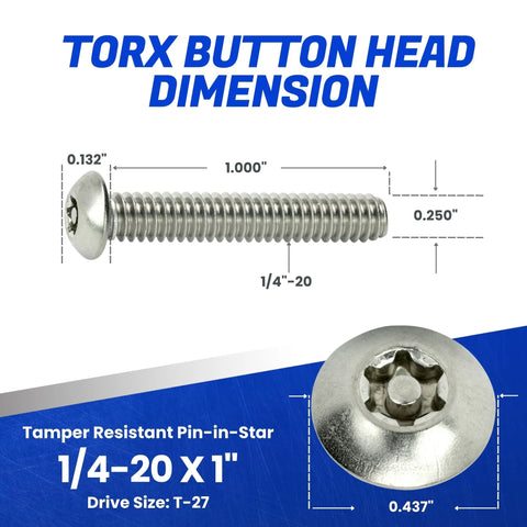 Torx security machine screw, 1/4-20 x 1, stainless steel, tamper-resistant pin-in-star button head