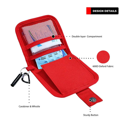 Mini First Aid Kit For Home Car Travel And Outdoor Adventures 137 Piece Emergency Medical Kit with carabiner, red open view