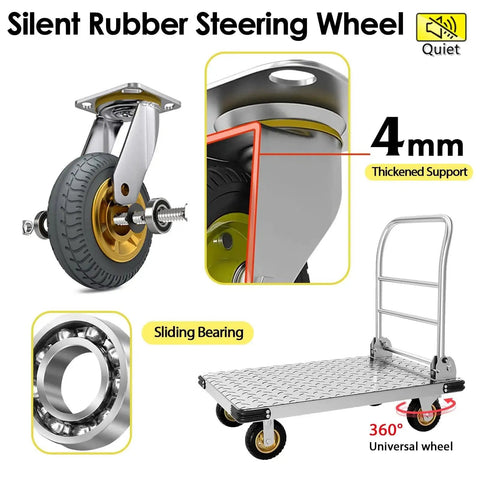Heavy Duty Platform Truck With 2200 Lbs Capacity Foldable Moving Flatbed Cart Six Inch Swivel Wheels Steel Platform Dolly