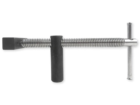 Adjustable Inline Bench Dog Screw Clamp for three quarter inch holes with full five inch travel, metal screw design, top view