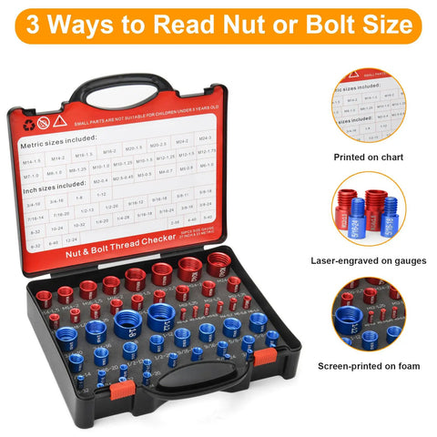 All In One Nut And Bolt Thread Checker Kit 50 Pcs SAE And Metric Detachable Size Finder For Screws Nuts And Fasteners In Tight Spaces Pro Grade Gauge Kit showing detachable gauges with red and blue colors.