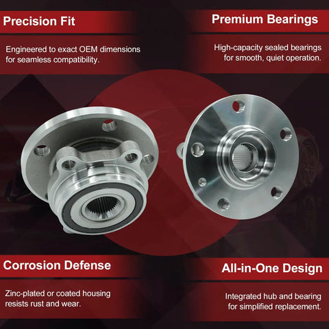 Two Front Wheel Bearing Hub Assemblies Compatible With Volkswagen Golf GTI Passat Jetta Beetle Eos CC R32 Rabbit And Audi A3 TT Quattro Q3 Models From 2005 To 2022 Drop In Front Hub Replacement Kit With Superior Fitment And Longevity Ready To Roll displaying precision fit and premium bearings.