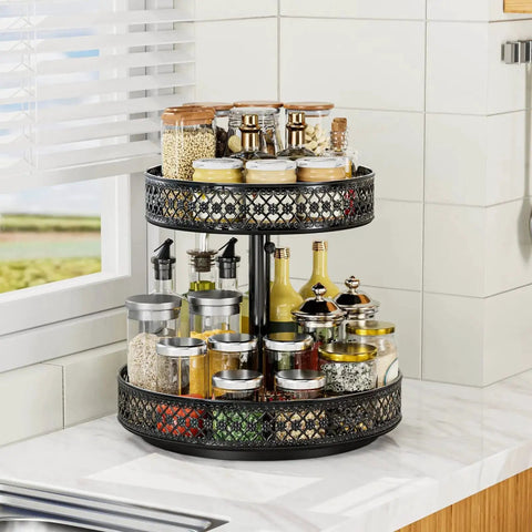 Two Tier Lazy Susan Organizer Turntable Spice Rack 12 Inch Adjustable Metal Rotating Handy Space Saving Storage For Cabinet Pantry Kitchen Countertop Dining Table Cupboard Bathroom Vanity Black