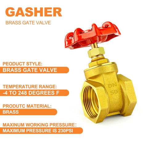 GASHER brass gate valve with red wheel handle, 2-inch female x female threaded ends