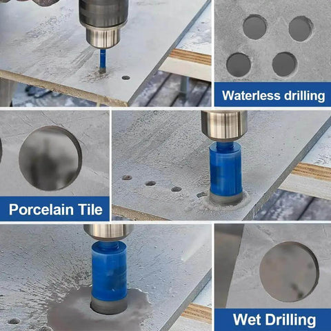 Dry Diamond Tile Drill Bit With Hex Shank 30mm Diameter for Porcelain Ceramic Marble and Granite, showing water and dry drilling