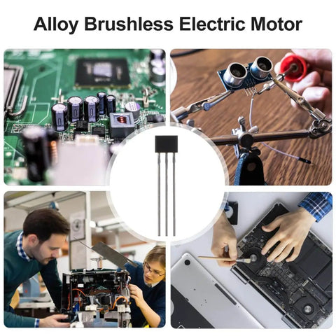 Slim Hall Effect Sensor For Brushless Motors surrounded by DIY and industrial electronic project scenes.