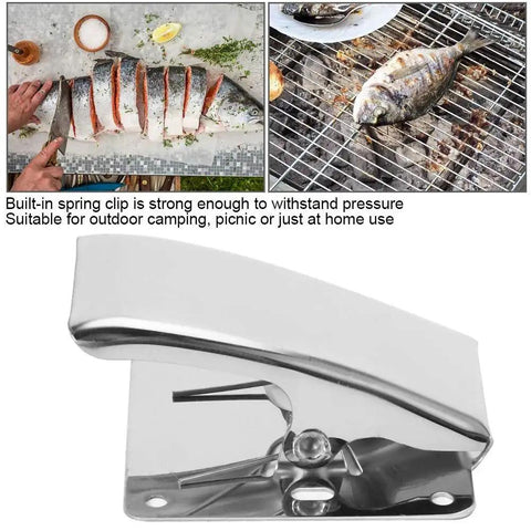 Close-up of stainless steel fish fillet clamp with deep claw tail grips, part of Six Piece Fish Fillet Clamps Set In Stainless Steel With Built In Spring Deep Claw Tail Grips To Prevent Slips During Cleaning And Filleting Pro Grade Utility For Outdoor Camping Picnics And Home Kitchen Use Making Prep Easy And Precise.