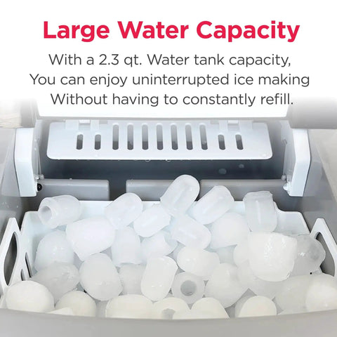 Inside view of Portable Ice Maker 26 Lbs Per Day Stainless Steel Countertop For Home Bar Kitchen showing large water tank with bullet ice.