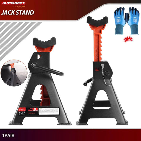 Front and side view of 3 Ton Heavy Duty Car Jack Stands With Double Locking Adjustable 11.22-16.54 in, with rubber pads and gloves